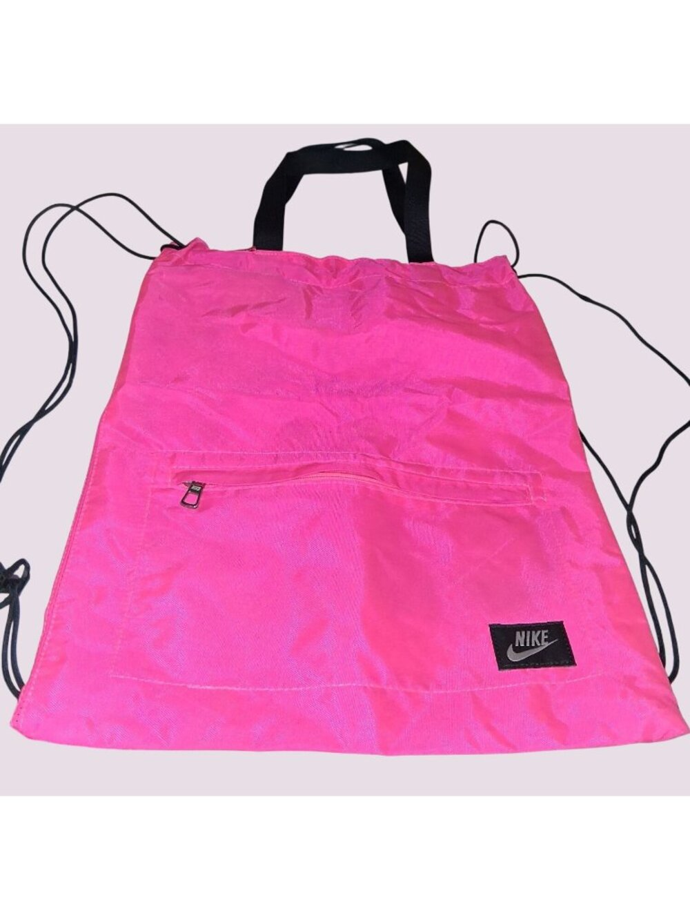 Nike Pink Drawstring Backpack With Zip Pocket & Black Straps - Lightweight & Dur